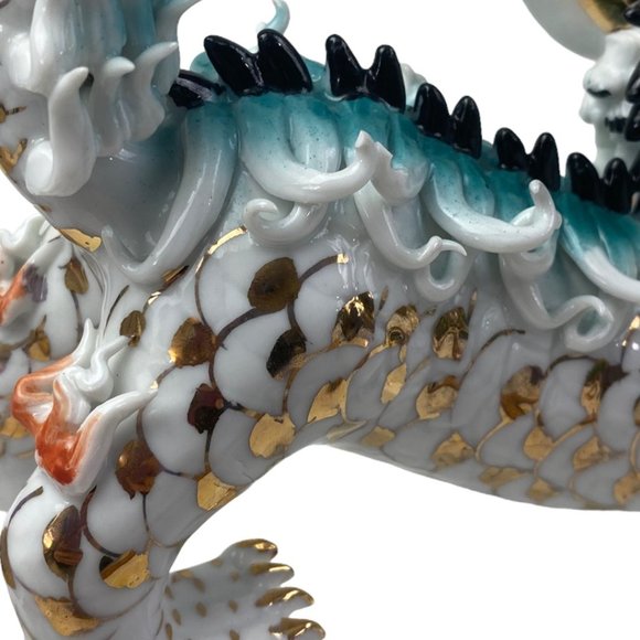 Vintage Porcelain Foo Dogs Asian Temple Guardian Lion Teal w/ Gold Tone Accents - Picture 6 of 7